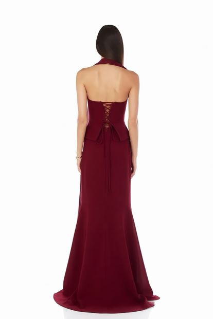 Bordo Balık Kesim Taş İşlemeli Abiye Elbise